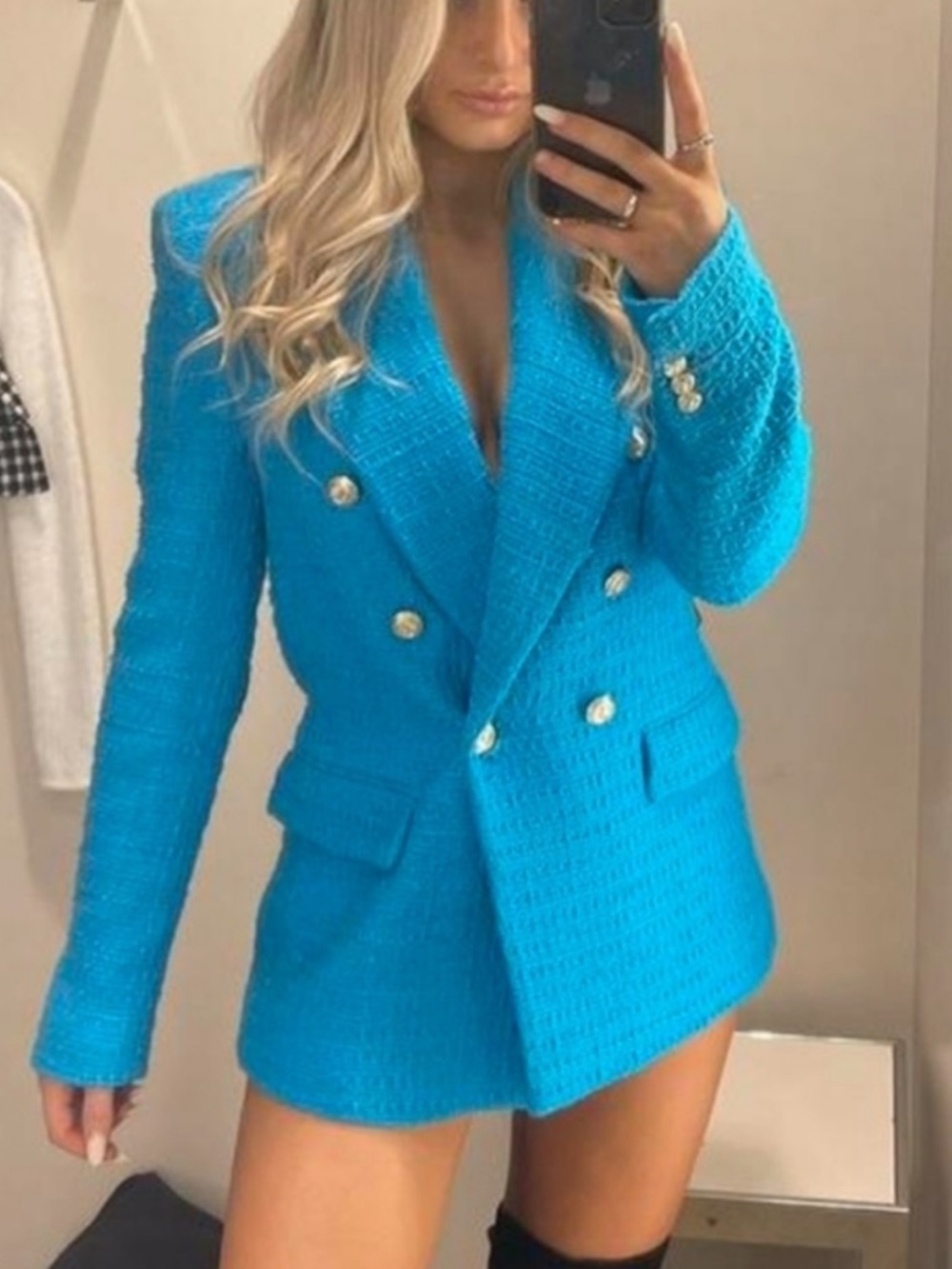 Zara Double-Breasted Tweed Blazer in Bright Turquoise